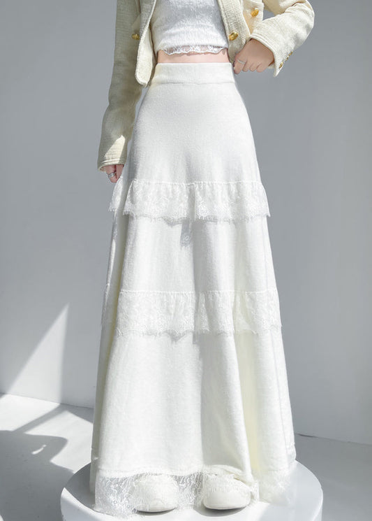 Apricot Lace Patchwork Knit Skirt Elastic Waist