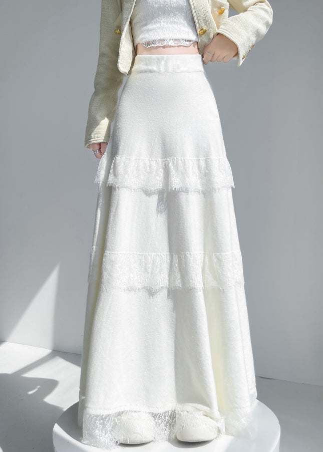Apricot Lace Patchwork Knit Skirt Elastic Waist