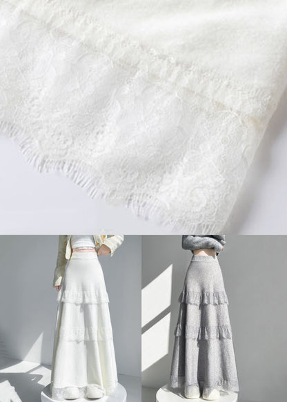 Apricot Lace Patchwork Knit Skirt Elastic Waist