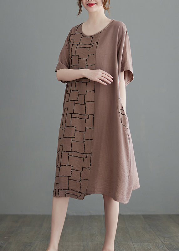 Apricot Loose Cotton Dress O-neck Short Sleeve
