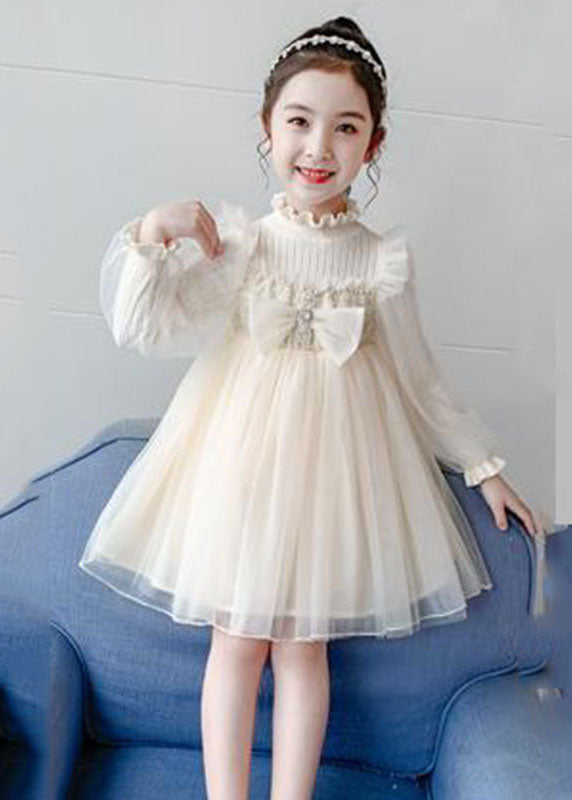 Apricot Nail Bead Knit Patchwork Tulle Long Dress Long Sleeve