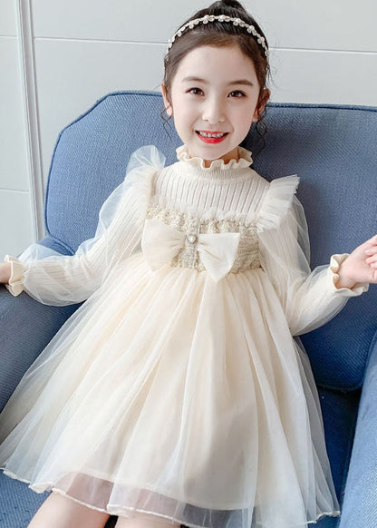 Apricot Nail Bead Knit Patchwork Tulle Long Dress Long Sleeve
