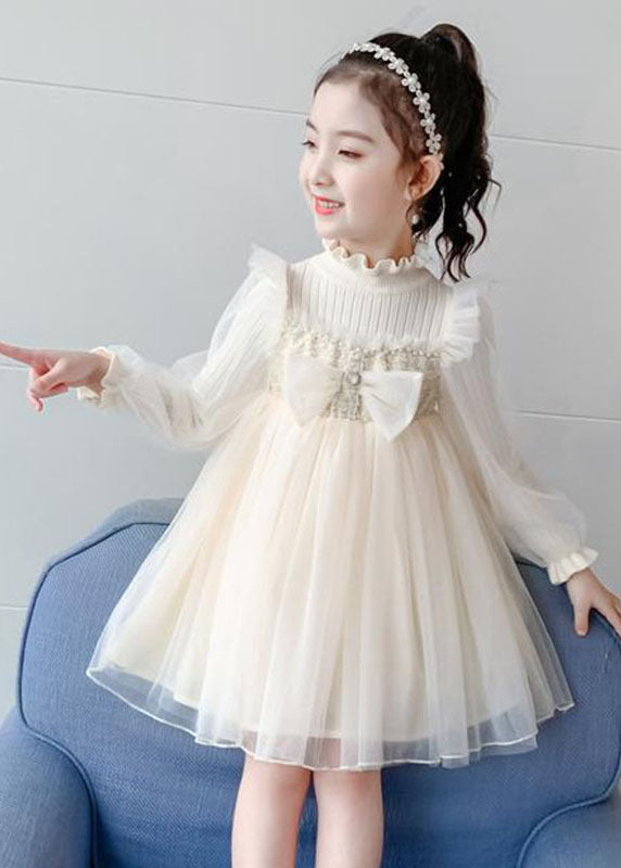Apricot Nail Bead Knit Patchwork Tulle Long Dress Long Sleeve