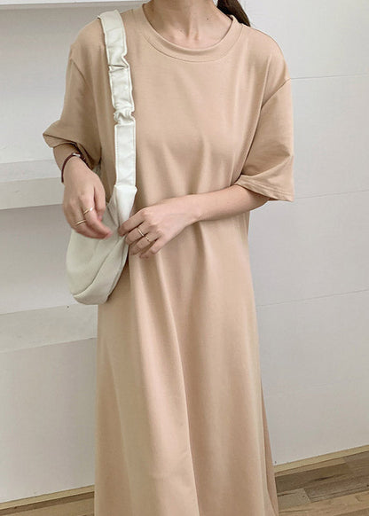 Apricot O-neck Cozy Cotton Long Dresses Short Sleeve