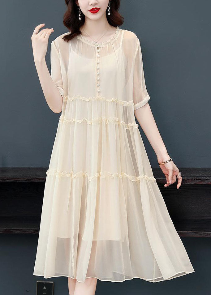 Apricot Patchwork Silk Two Pieces Set O-neck Ruffled Dress Summer