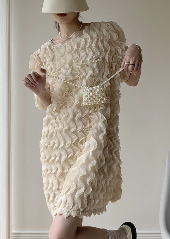 Apricot Patchwork Tulle Mid Dress Ruffled O-neck Puff Sleeve