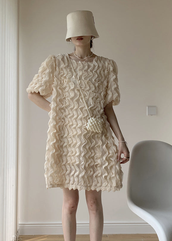 Apricot Patchwork Tulle Mid Dress Ruffled O-neck Puff Sleeve