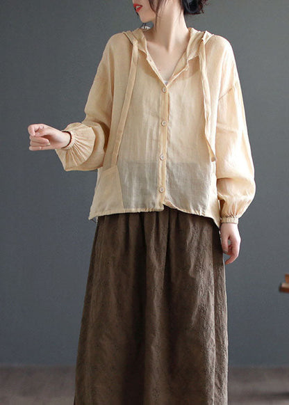 Apricot Pockets Patchwork Linen Thin Coat Hooded Button Summer