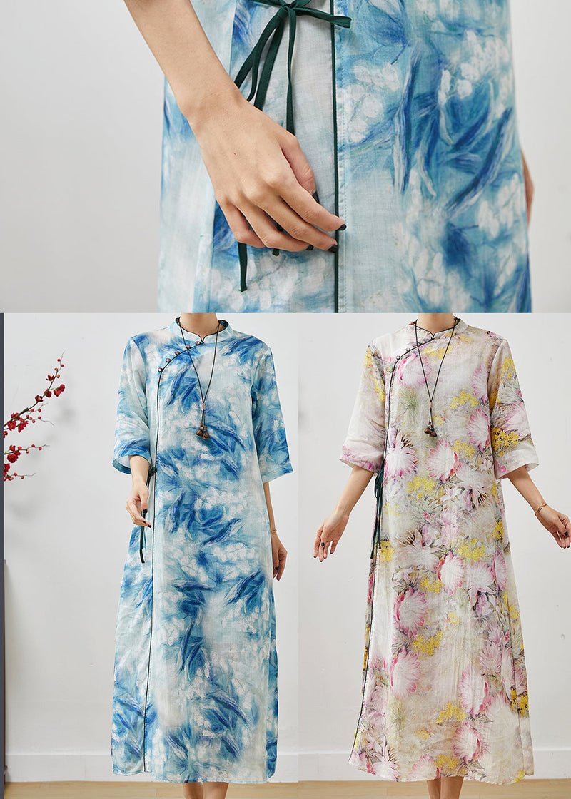 Apricot Print Linen Oriental Dress Mandarin Collar Summer