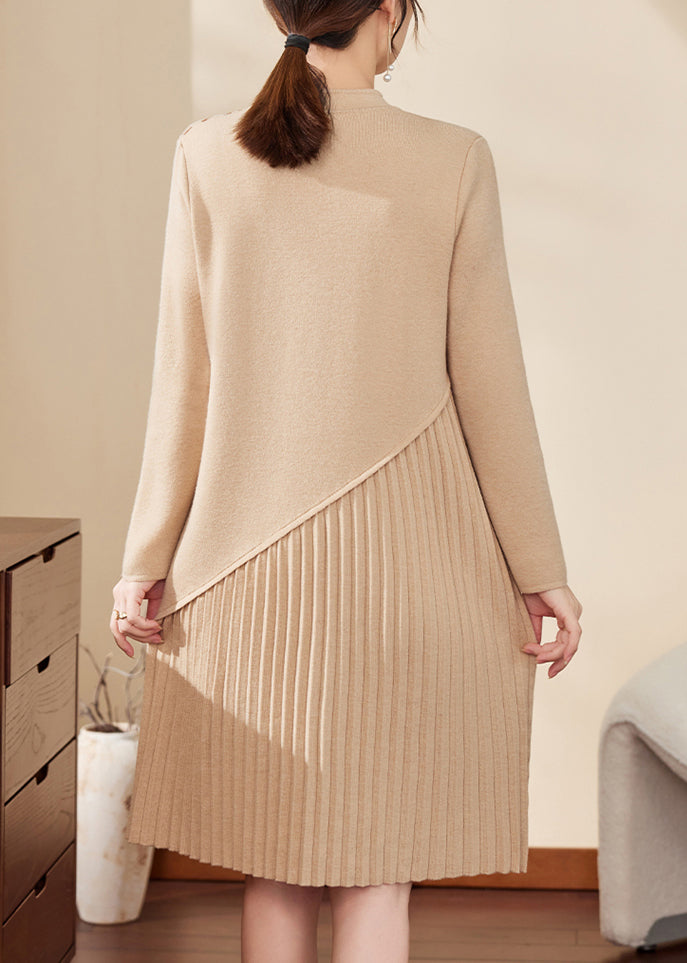 Apricot Print Ptchwork Hollow Out Cotton Knit Maxi Sweater Dress Spring