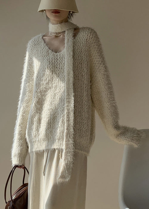 Apricot Cozy Cotton Knit Spring Sweater V Neck