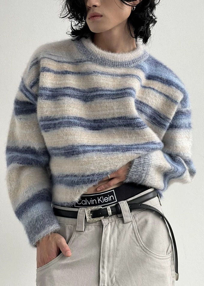 Apricot Striped Knit Pullover O-neck Oversized Winter
