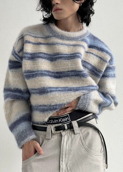 Apricot Striped Knit Pullover O-neck Oversized Winter