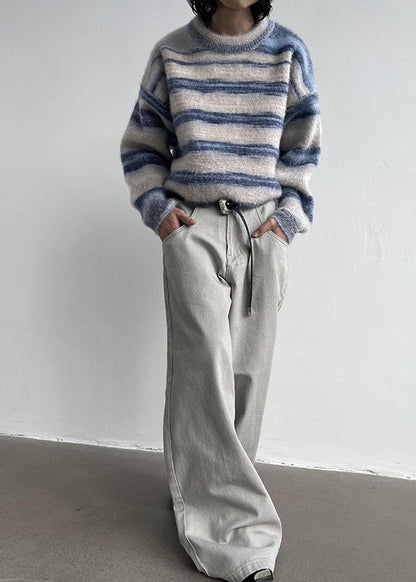 Apricot Striped Knit Pullover O-neck Oversized Winter