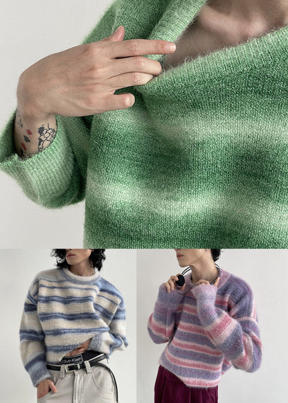 Apricot Striped Knit Pullover O-neck Oversized Winter