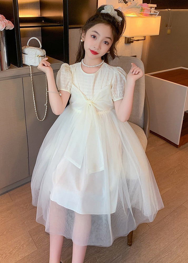 Apricot Striped Patchwork Tulle Maxi Dress Puff Sleeve