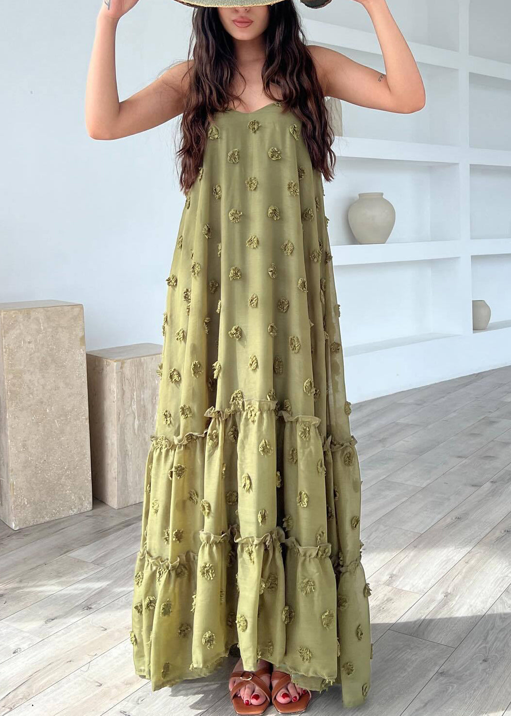 Army Green Cotton Spaghetti Strap Dress Ruffled Summer