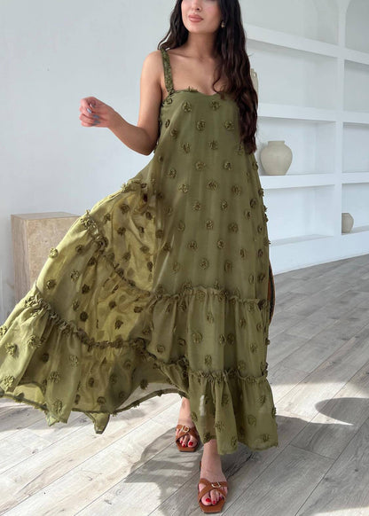 Army Green Cotton Spaghetti Strap Dress Ruffled Summer