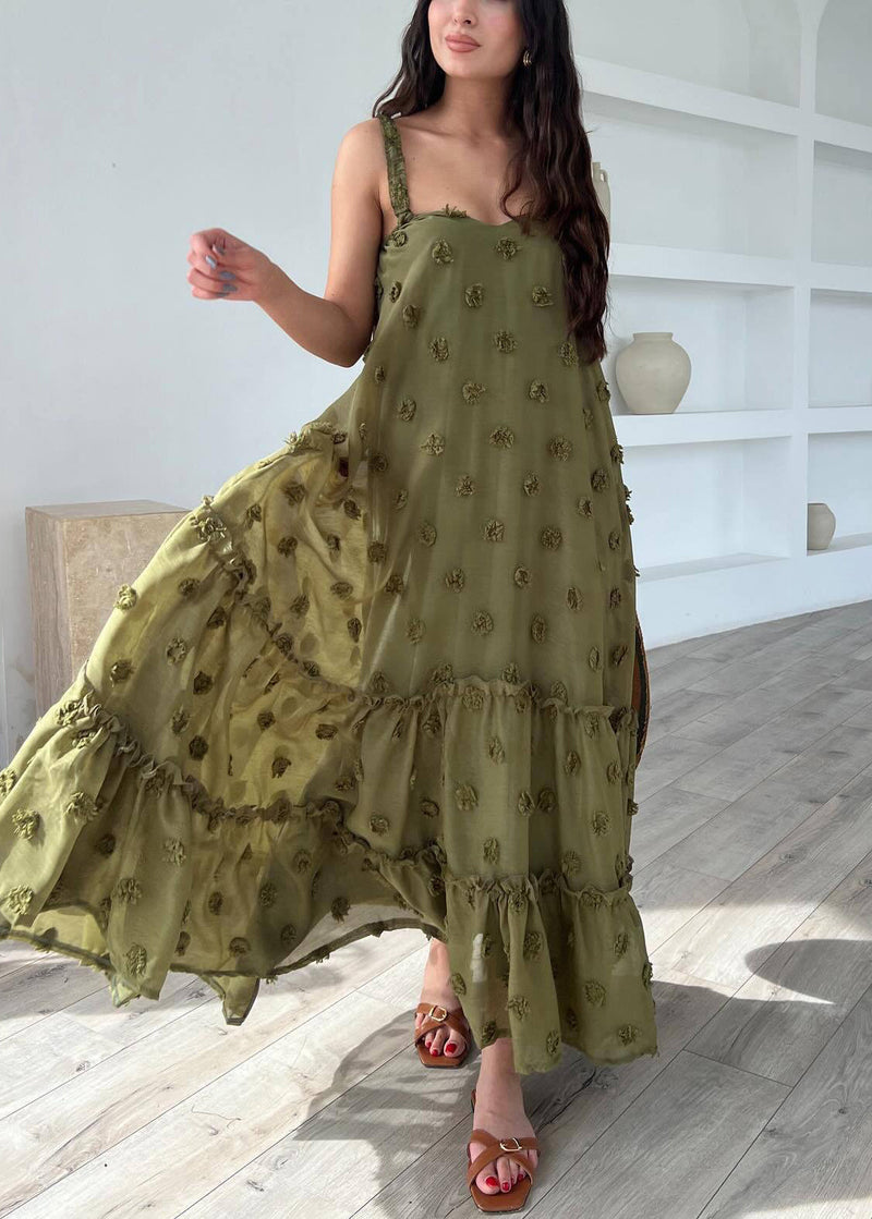 Army Green Cotton Spaghetti Strap Dress Ruffled Summer