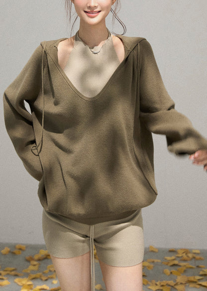 Army Green Knit Pullover V Neck Hooded Fall