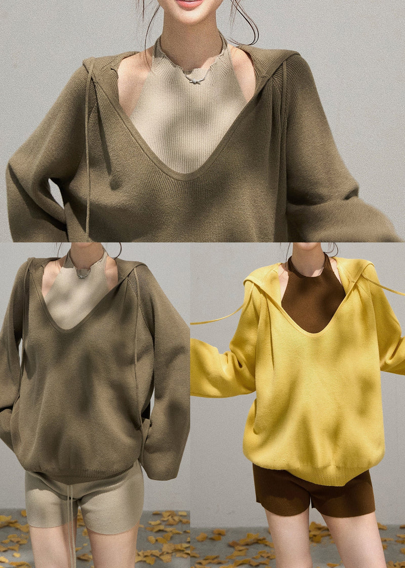 Army Green Knit Pullover V Neck Hooded Fall