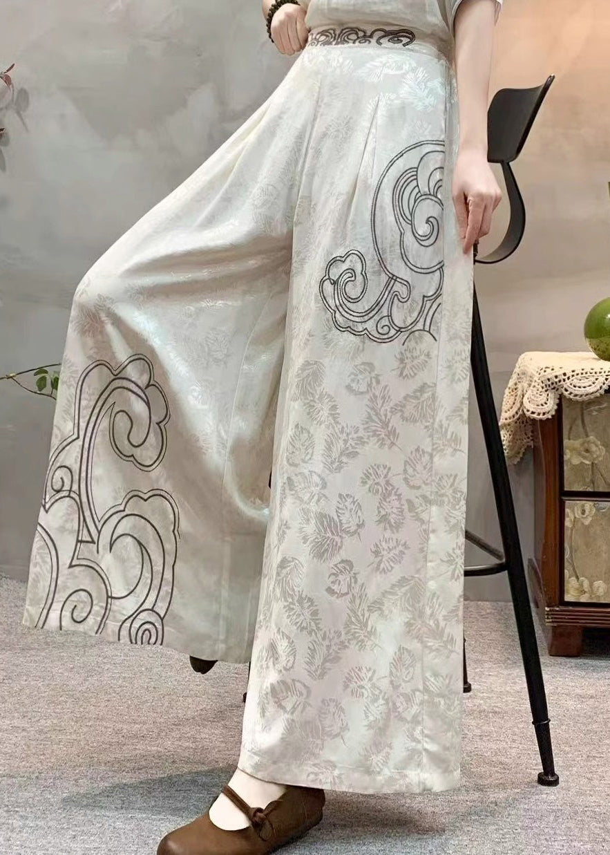 Art Apricot Embroidered Pockets Jacquard Silk Wide Leg Pants Fall