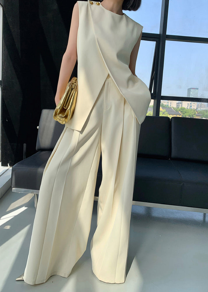 Art Beige Asymmetrical Patchwork Waistcoat and Wide Leg Pants Spandex Two Pieces Set Sleeveless