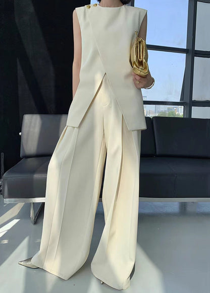 Art Beige Asymmetrical Patchwork Waistcoat and Wide Leg Pants Spandex Two Pieces Set Sleeveless