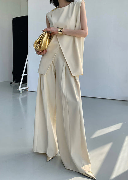 Art Beige Asymmetrical Patchwork Waistcoat and Wide Leg Pants Spandex Two Pieces Set Sleeveless