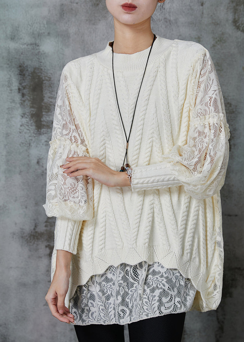 Art Beige Oversized Patchwork Lace Knit Top Spring