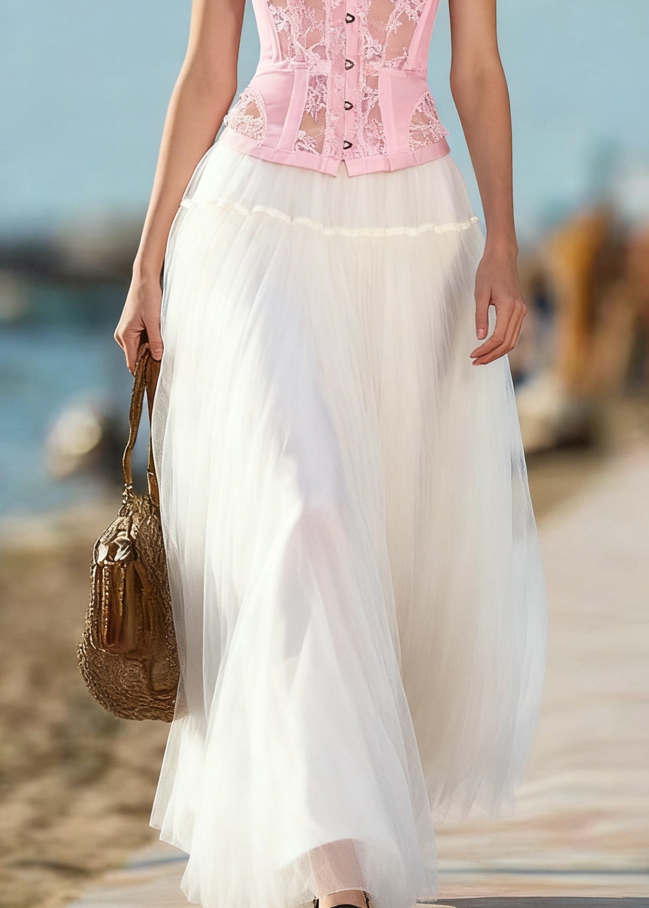 Art Beige Elastic Waist Tulle Skirts Summer