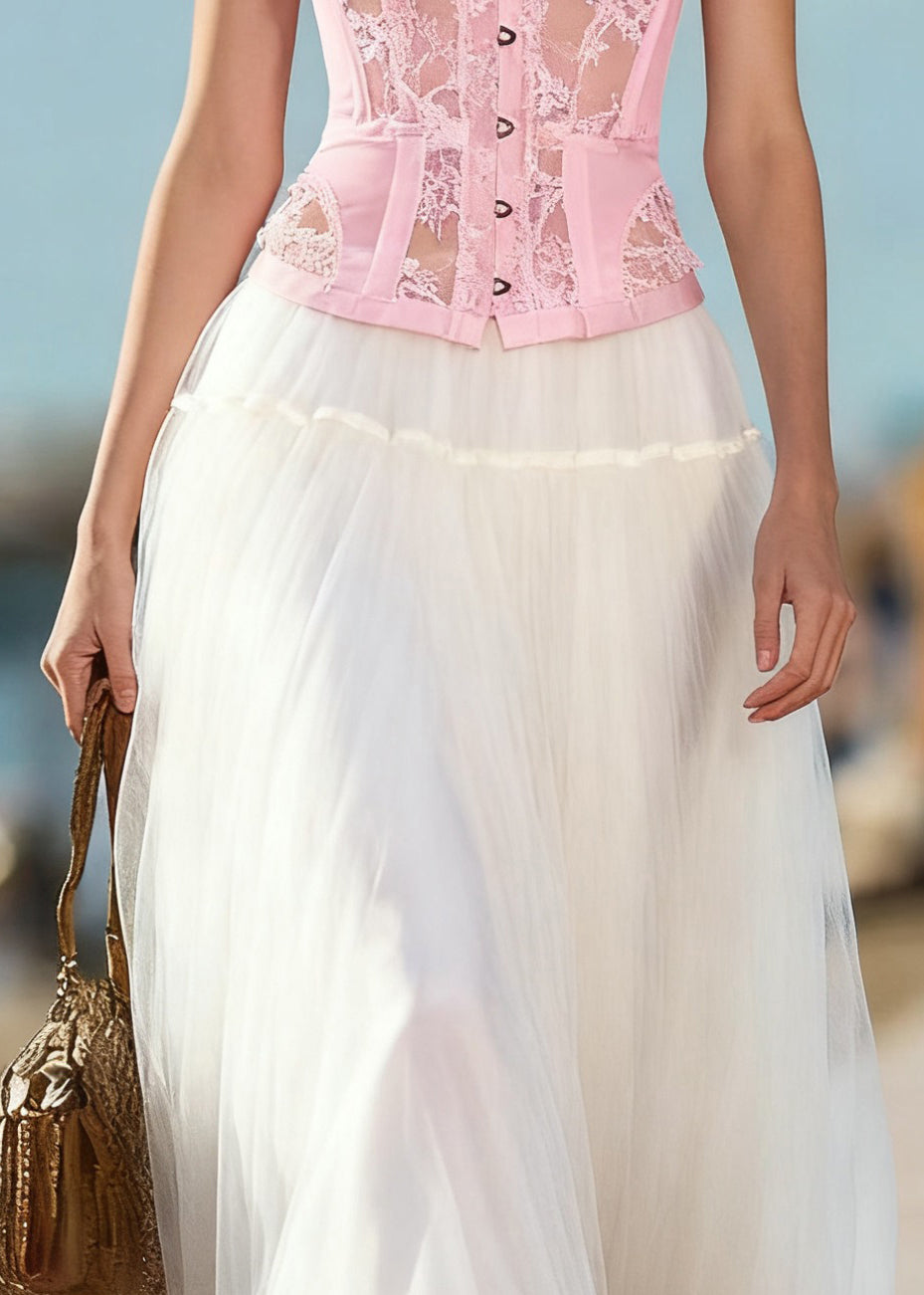Art Beige Elastic Waist Tulle Skirts Summer
