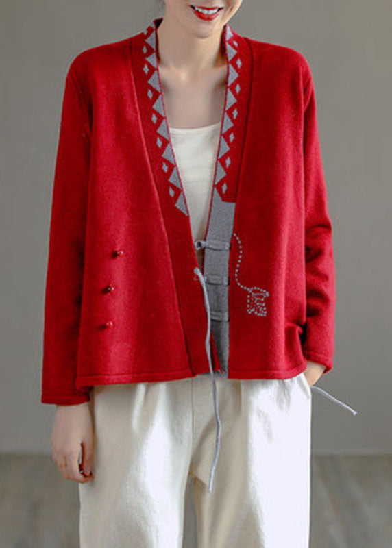 Art Beige V Neck Embroideried Asymmetrical Design Patchwork Fall Knit Sweaters