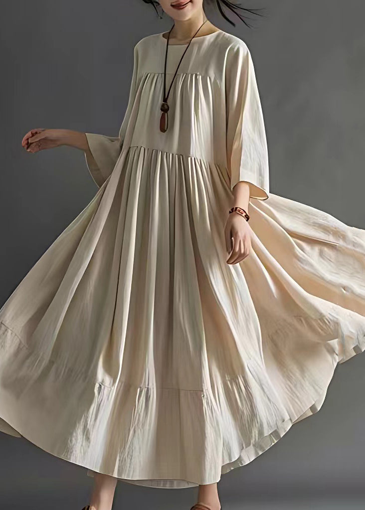 Art Beige Wrinkled Cotton Long Dresses Bracelet Sleeve