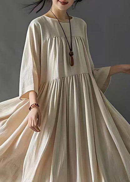 Art Beige Wrinkled Cotton Long Dresses Bracelet Sleeve