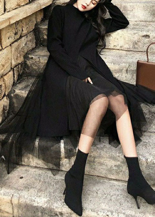 Art Black Asymmetrical Side Open Knit Sweater and Tulle Skirt Two Pieces Set Spring