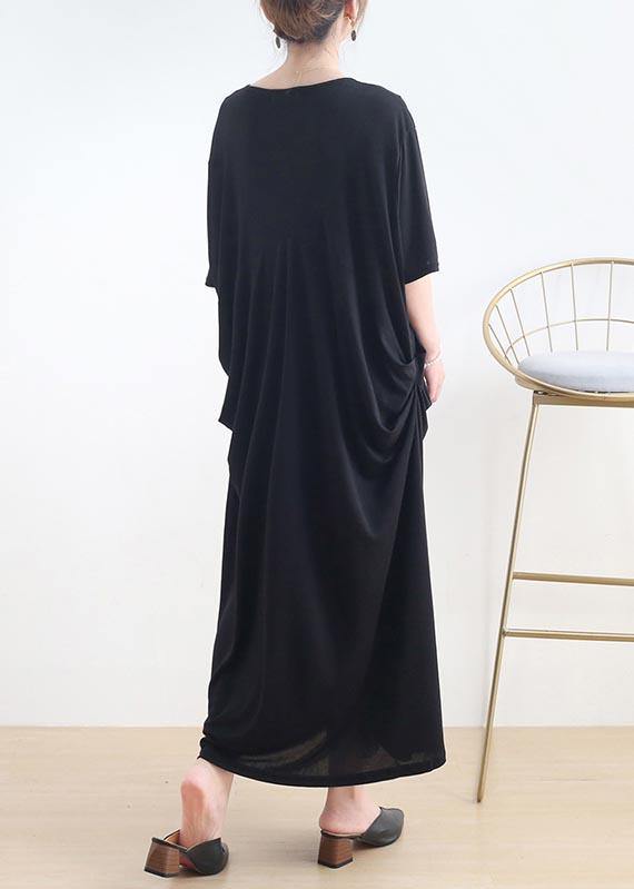 Art Black Cinched O-neck Summer Cotton Dress