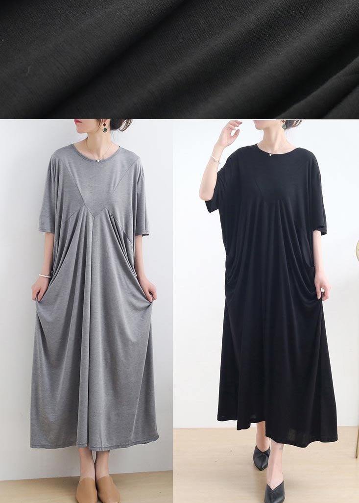 Art Black Cinched O-neck Summer Cotton Dress