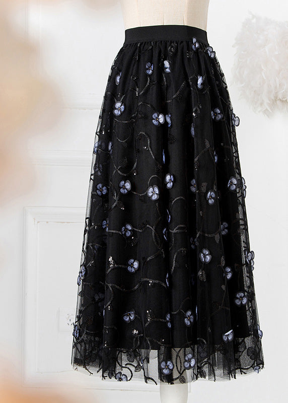 Art Black Embroideried High Waist Tulle Pleated Skirts Spring