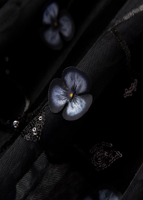 Art Black Embroideried High Waist Tulle Pleated Skirts Spring