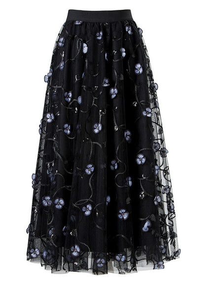 Art Black Embroideried High Waist Tulle Pleated Skirts Spring