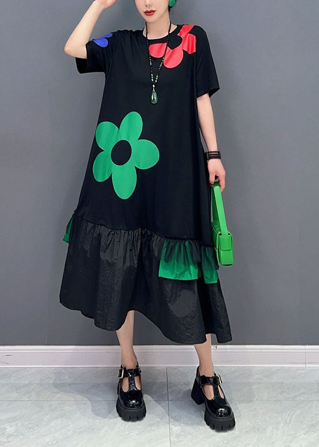 Art Black Patchwork Ruffles Cotton Long Dresses Summer