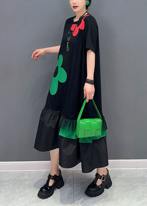 Art Black Patchwork Ruffles Cotton Long Dresses Summer