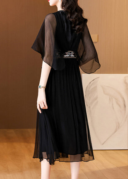 Art Black O Neck High Waist Silk Long Dress Batwing Sleeve