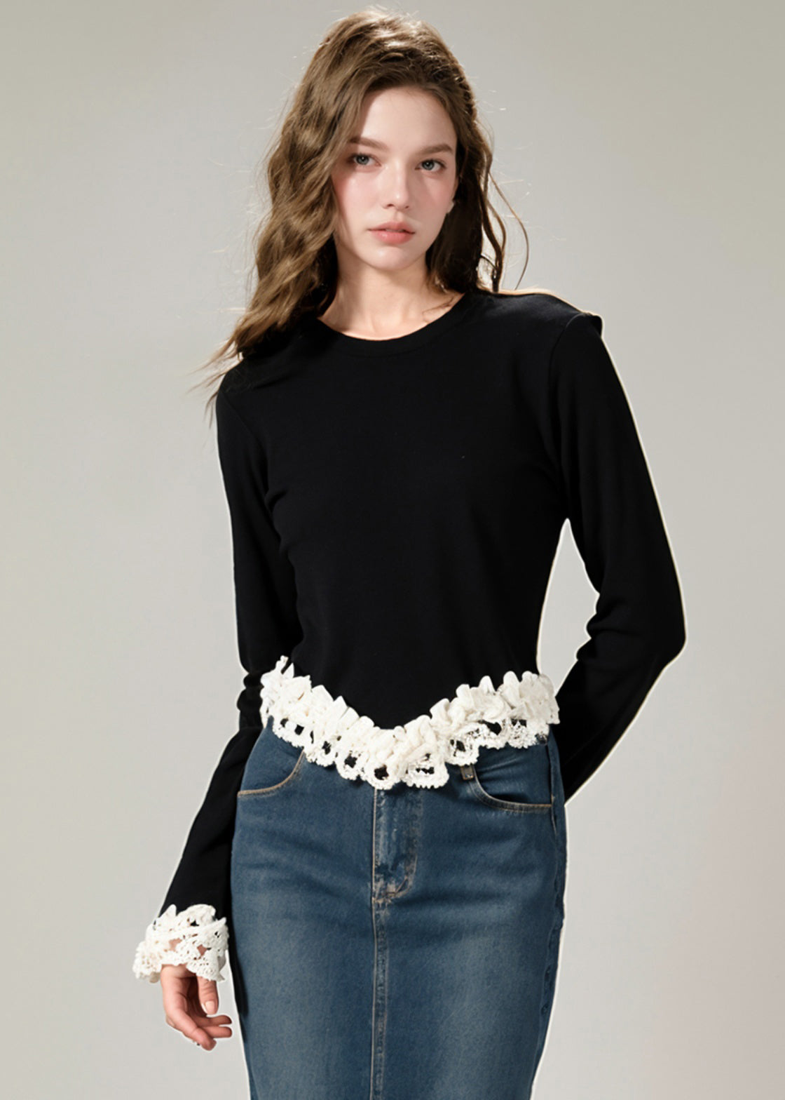 Art Black O-neck Nail Bead Patchwork Cotton Knit Sweater Winter