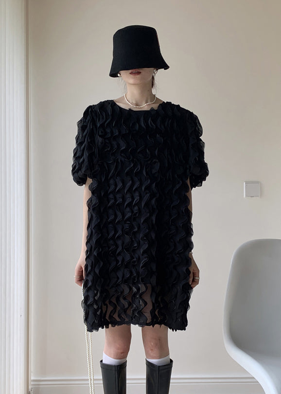 Art Black O-neck Ruffled Patchwork Tulle Mid Dresses Summer