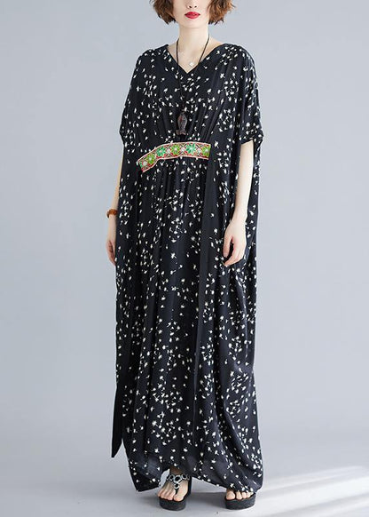 Art Black Print Cotton Cinched Summer Maxi Dress