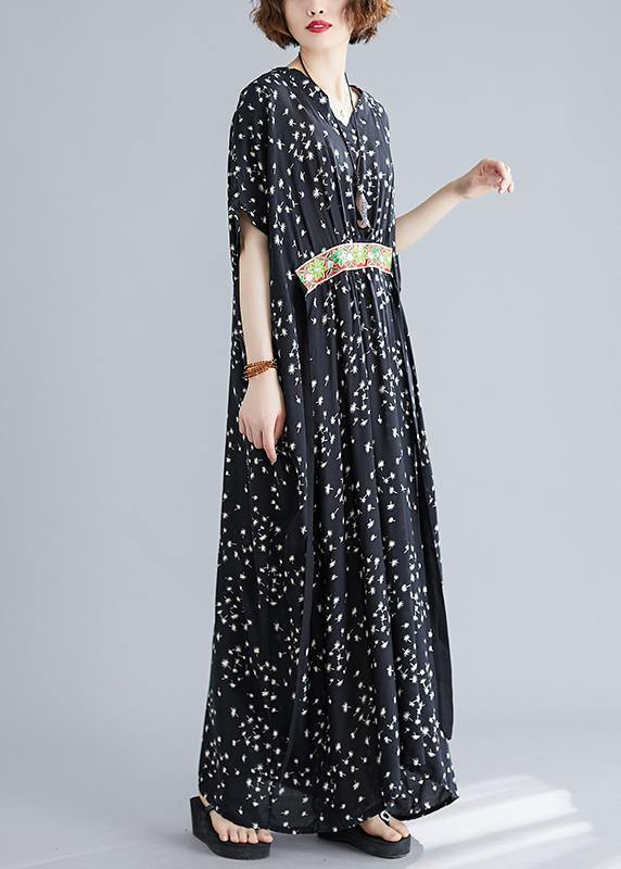 Art Black Print Cotton Cinched Summer Maxi Dress