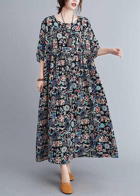 Art Black Print Loose O-neck Summer Half Sleeve Dresses