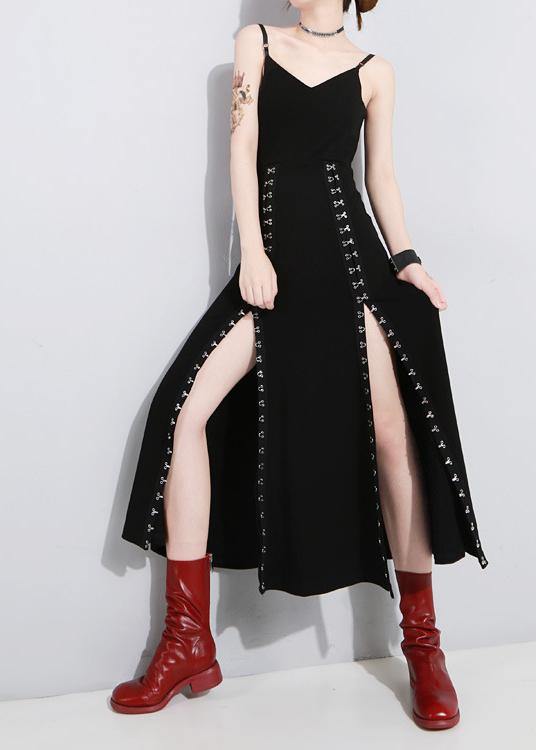 Art Black Summer Side Open Cotton Spaghetti Strap Dress